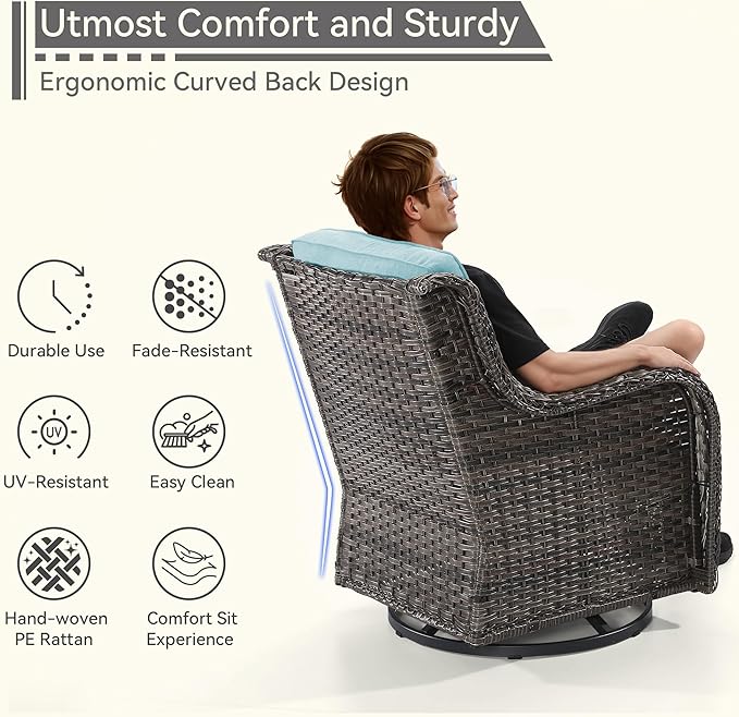 3 Piece Outdoor Wicker Patio Furniture Set, Swivel Rocker Patio Chairs Set with Thickened Olefin Cushions, High Back and Deep Seating, Hand-Woven PE Rattan for Porch, Deck