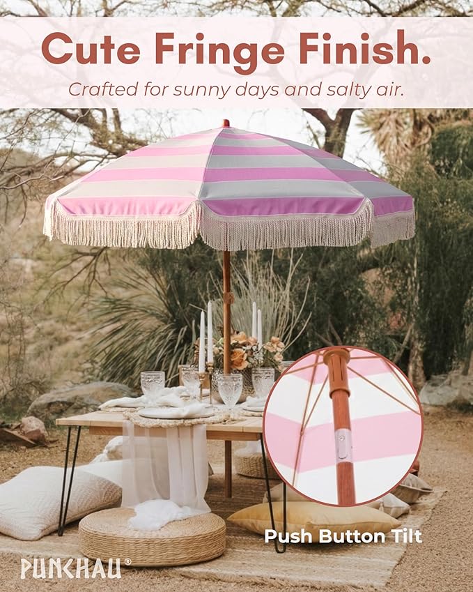 6 Ft Fringe Patio Umbrella - Outdoor Umbrella for Patio, Pool, Table, Garden, Deck, Beach, and Outdoors - Fashionable Boho Vintage Tassels & Wood Print - Push Button Tilt Pole