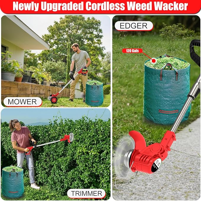 Electric Weed Wacker Cordless Eater Battery Powered 4 in 1 Lightweight Weed Trimmer with 4 Types Blades & Weed Storage Bag, 21V Battery Operated No-String Grass Trimmer for Garden Yard
