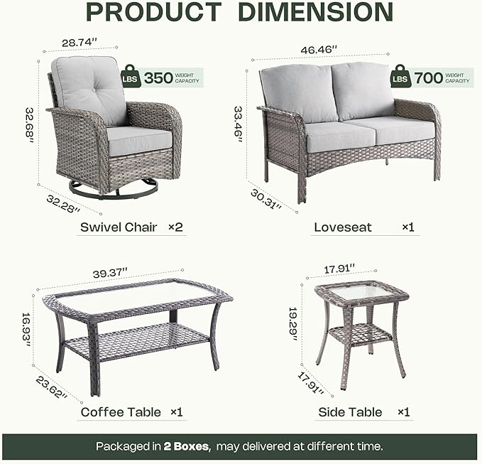 5-Piece Patio Furniture Set, Outdoor Wicker Furniture with Coffee Table, High Back Swivel Rocker Patio Chairs, Modern Rattan Outdoor Chairs Conversation Set for Porch, Balcony, Garden, Grey