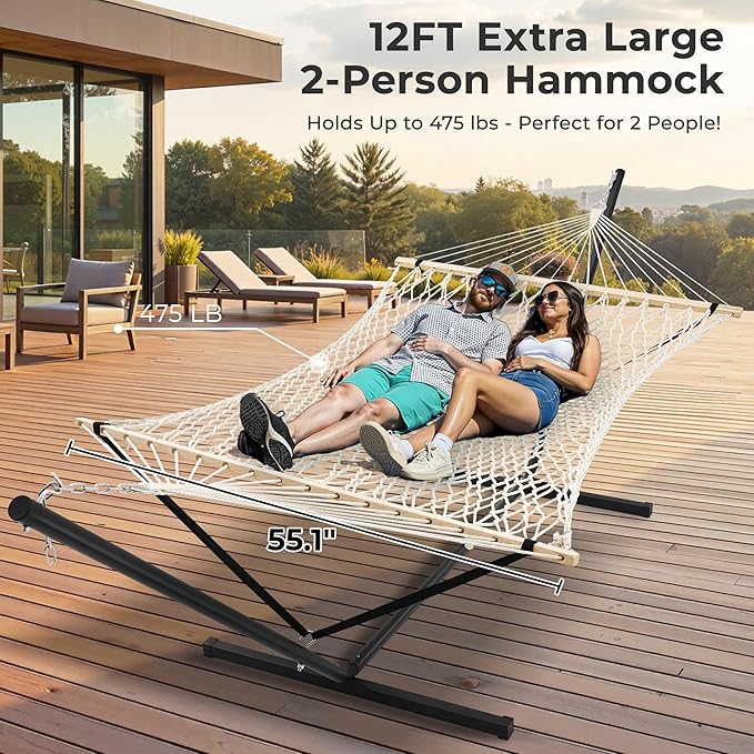 SUPERJARE 12ft Double Hammock with Stand, Soft Rope Hammock for 2 Person, Portable Heavy Duty Stand, Anti-Tip Safety Ropes, Natural Wood Spreader Bar, Outdoor Backyard Patio Camping, Beige