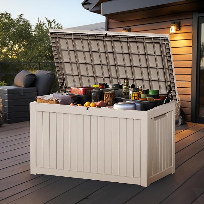 230 Gallon Waterproof Outdoor Resin Deck Box with Lockable Lid,Minimalist Wood Grain Pattern, Easy Assembly Features and Convenient Handles For Cushion, Pillows and other Patio Furniture(Grey)