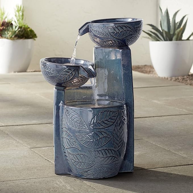 Summer Leaves 26" High Large Zen Indoor Outdoor Decor Ceramic Floor Fountain with Light LED Standing Waterfall Bowl Tiered Water Feature for Outside Garden Patio Yard Backyard Porch - John Timberland
