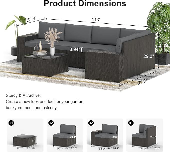 Patio Furniture Set, 6PCS Outdoor Sectional with Ottoman Wicker Rattan Patio Couch with Thickened Cushion Modular Wicker Patio Conversation Set with Glass Top Table for Balcony, Backyard(Grey)