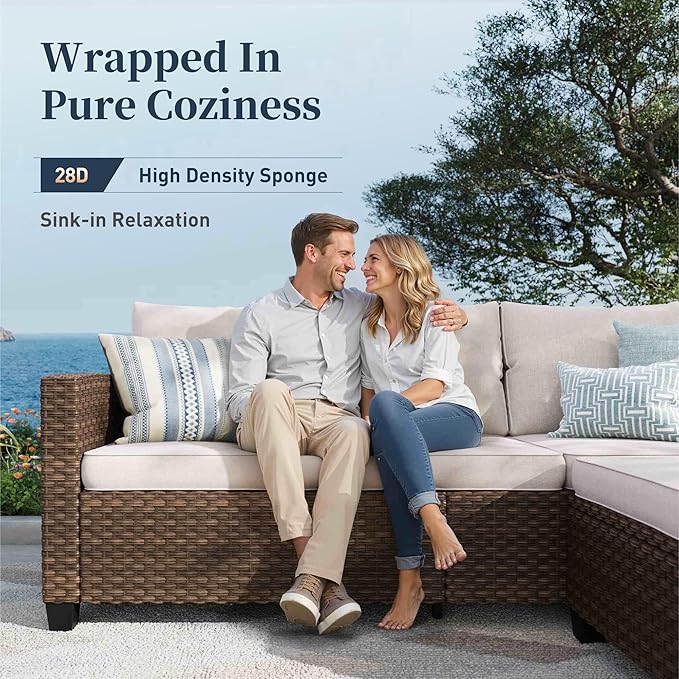 Patio Furniture Set Outdoor Furniture Brown Wicker Rattan Patio Conversation Sets with Cushion Outside Sofa Set,6 Pieces 9 Seats,Beige