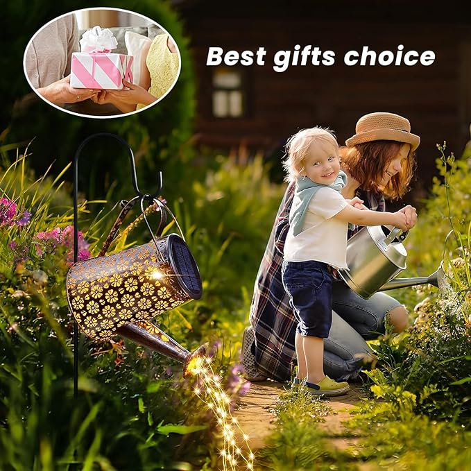 2 Pcs Solar Watering Can Lights, Hanging Solar Waterfall Lights Waterproof Outdoor Garden Decor Yard Art for Porch Landscape Patio, Gardening Gifts for Mom Grandma Women