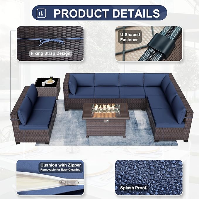 Patio Furniture Sectional Sofa 10PCS PE Rattan Patio Conversation Set w/43in Gas Fire Pit Table, Patio Outdoor Furniture with 4 Inch Thickened Cushions and Glass Coffee Tables, Navy Blue