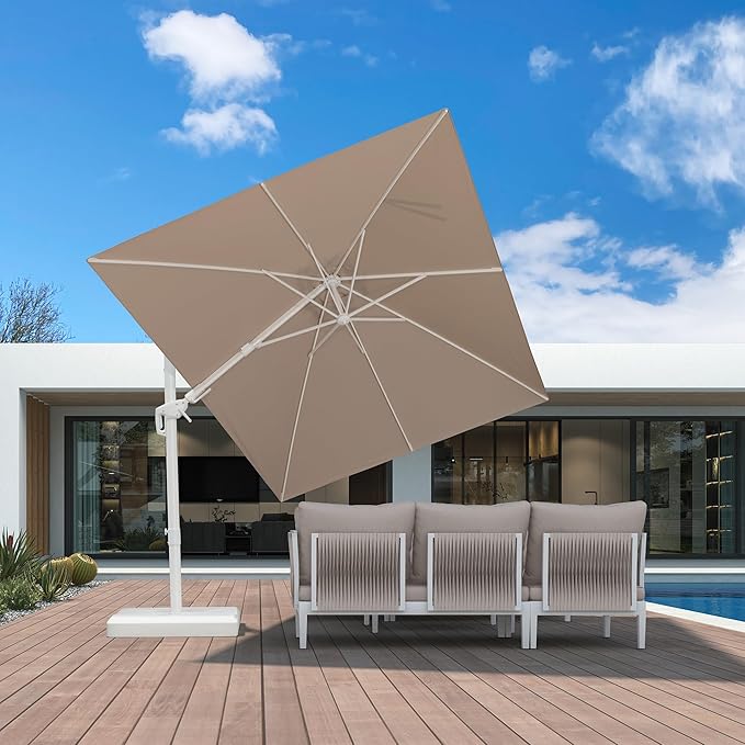 PURPLE LEAF 8' X 11.5' Right-left Tilt White Cantilever Umbrella with Base Patio Outdoor Swivel Umbrellas with Aluminum Tilt Offset Umbrella with 360° Rotation for Deck Pool, Beige