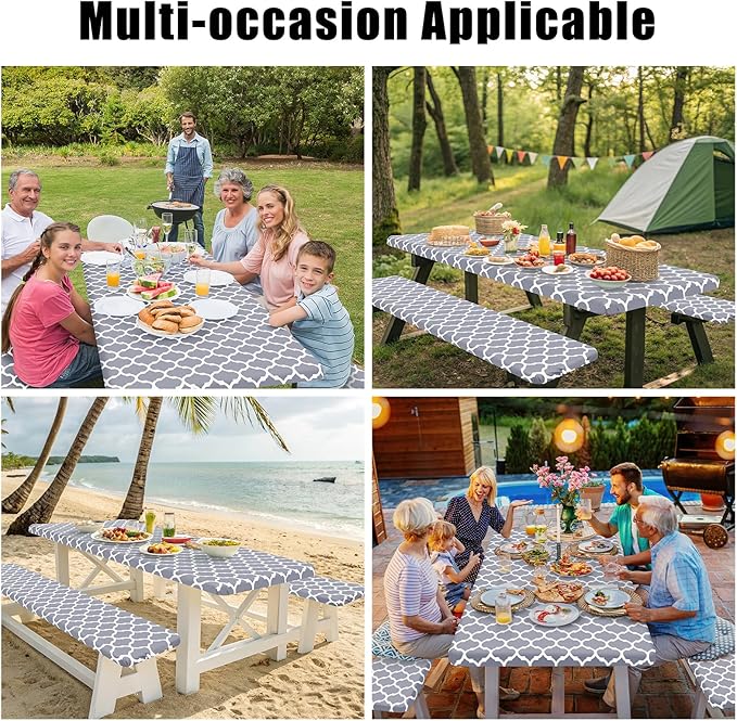 Smiry Picnic Table Cover with Bench Covers, Waterproof Elastic Fitted Tablecloth for 5 Foot Tables, Washable Polyester Tablecloths for Camping, Indoor & Outdoor (Grey, 30x60 Inch 3-pc Set)