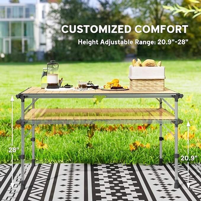 Outsunny Folding Camping Table, Adjustable Height Aluminum Table, Portable Camping Table for Picnic, Beach, BBQ, Light Brown