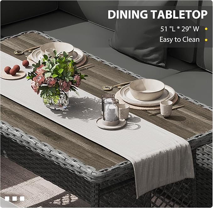KIGOTY 7 Piece Patio Furniture Set, Outdoor PE Wicker Rattan Outdoor Dining Set, Patio Table and Chairs Set, Patio Conversation Sofa Set with Dining Table and Ottoman(Grey-Grey)