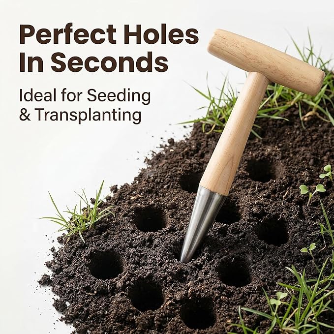 Plant Hole Digger for Planting, New Handheld Digger Garden Seed Planting Tool Bulb Planter Tool T Wooden Handl for Planting Tulip Daffodil Saffron Vegetable Seeds, Easy to Drill Holes (1 Pcs)