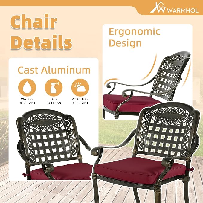 9-Piece Patio Furniture Dining Set, All Weather Cast Aluminum Outdoor Conversation Set- 61" Round Patio Dining Table with Detachable Lazy Susan & 8 Chairs, 2" Umbrella Hole, Chili Red
