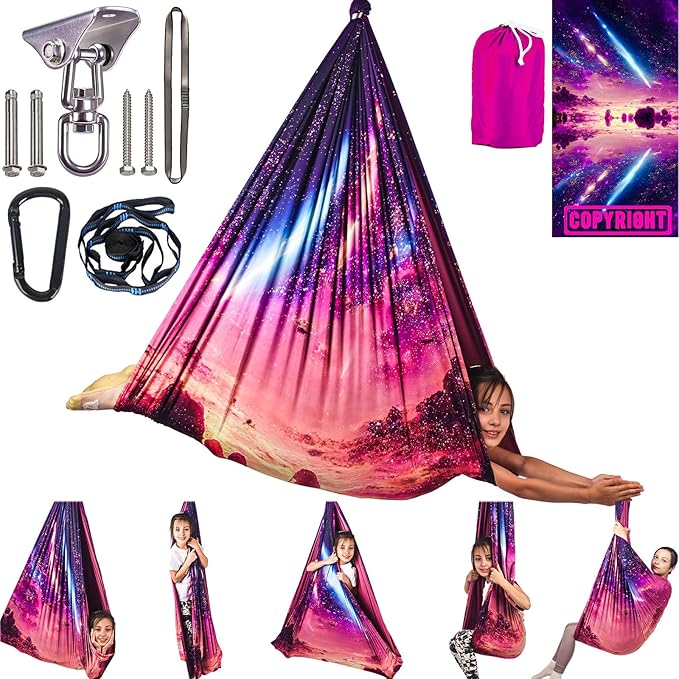 Sensory Swing for Kids Indoor & Outdoor Double Layer Therapy Cuddle Swing with 360° Swivel Hanger Kit Adjustable Swings for Child and Adult with Aspergers Autism (Fantasy Pink)