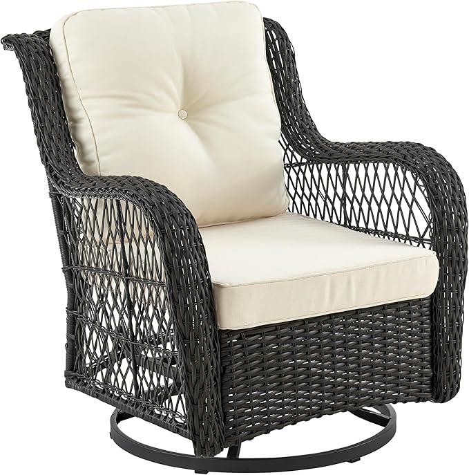 Manhattan Comfort Fruttuo 3-Piece Patio Conversation Set, Swivel Steel Rattan Chairs with Removable Cushions & Tempered Glass End Table, Weather-Resistant Outdoor Furniture for Backyard & Porch, Cream
