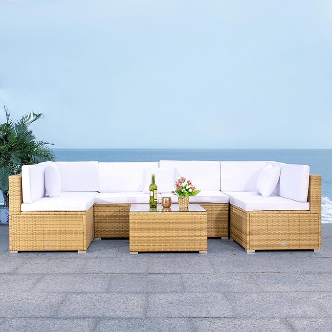 SAFAVIEH Outdoor Collection Diona Natural/White Wicker Conversation Patio Set