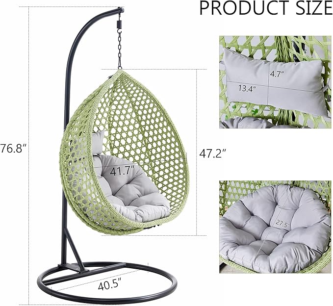 Hanging Egg Swing Chair with Stand, Rattan Wicker Hanging Egg Chair Hammock Indoor with Cushions, Swinging Chair for Bedroom Outdoor Patio Balcony Backyard Sunroom Heavy Duty 350LBS, Green