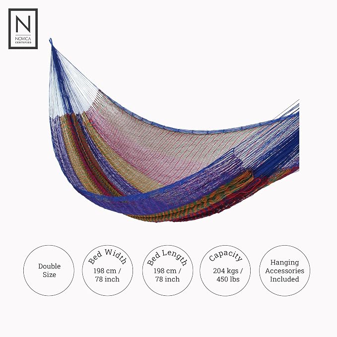 NOVICA Artisan Rainbow Seascape Double Hammock, Blue Striped Handmade Nylon Mayan Rope Style from Mexico, Bed 78in L x 78in W, Total Length 158in L