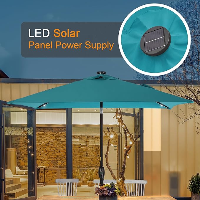 Square Patio Umbrella With Solar Lights, 6.5x6.5ft Square Umbrella Outdoor Patio with Tilt and Crank for Pool, Deck, Garden,Backyard