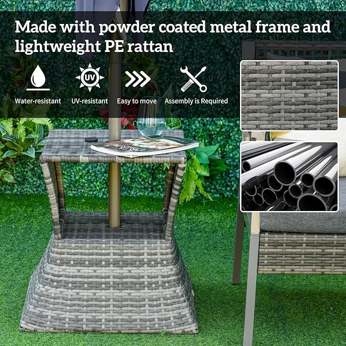 Outdoor Side Table with 1.5" Umbrella Hole, 16.9" Square, 2 Tier Rattan Wicker End Table with Storage Shelf, Lightweight PE Rattan Patio Table for Garden Poolside