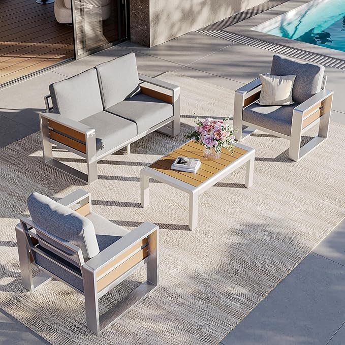 Aoxun Aluminum Outdoor Patio Furniture Set, 2 Seats Metal Sectional Patio Furniture, Modern Outside Sectional Set for Backyard, Armchair ×2, Sliver & Light Grey