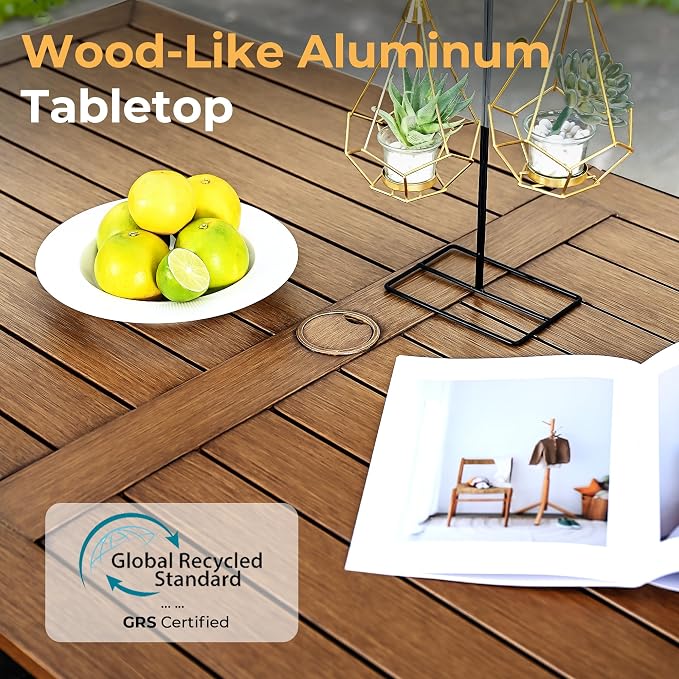 HAPPATIO Outdoor Dining Table for 6, Rectangular Aluminum Patio Table with Umbrella Hole, 6-Person Rustproof Wood-Like Table for Lawn Garden Backyard