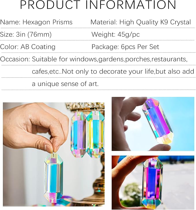 6 Pack 3'' Crystal Sun Catchers, Rainbow Maker Hanging Crytals for Windows | AB Color,Prisms Suncatchers for Garden Home Decor,Glass Ornaments For Christmas Tree,with Hooks & Cord,Light Catcher