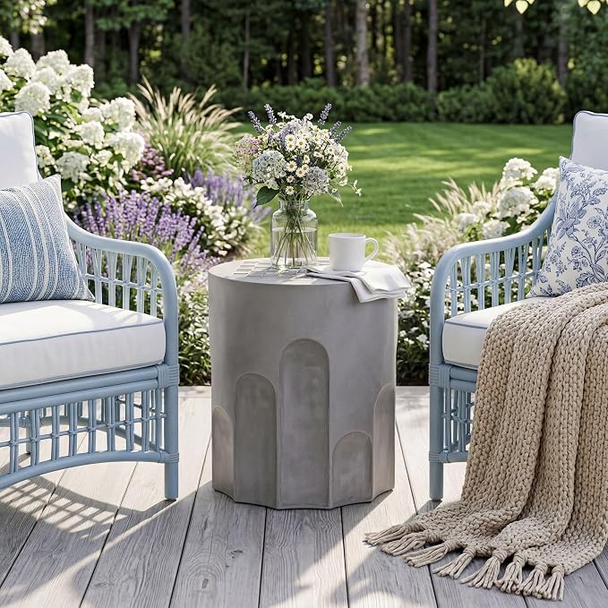 COSIEST Outdoor Side Table, 16.9" Modern Concrete End Table w Chessboard for Patio,Lightweight Round Outside Accent Table & Plant Stand for Garden, Porch, Deck, Balcony，Grey
