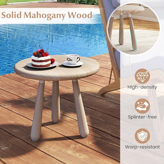 Tangkula Outdoor Mahogany Wood Side Table, 18” Round End Table with Thickened Board & Solid Wood Support Legs, Small Accent Patio Table for Living Room, Porch, Balcony, Natural (2)