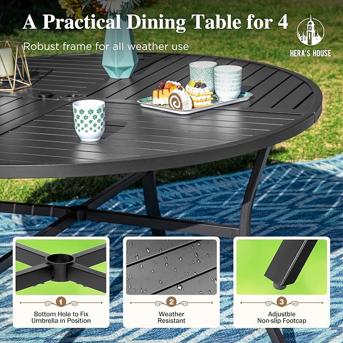 HERA'S HOUSE 5 Pieces Patio Table and Chairs Set, Outdoor Dining Furniture for 4, 42" Black Metal Round Dining Table with Umbrella Hole, 4 x Blue Textilene Chairs for Lawn Garden Backyard Deck