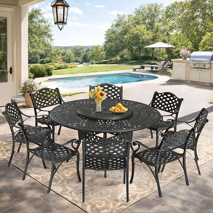 VIVIJASON 9-Piece Patio Dining Set, Rust-Free Cast Aluminum Outdoor Furniture Set, 8 Patio Dining Chairs and 61" Round Dining Table with 31" Lazy Susan, Umbrella Hole for Backyard, Patio, Garden