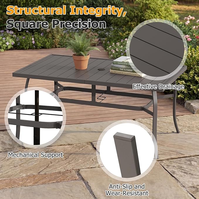 EROMMY 7-Piece Outdoor Patio Dining Set for 6, 6 Metal Slat Chairs & Rectangular Table with Umbrella Hole, Heavy-Duty Patio Furniture for Backyard, Deck and Garden