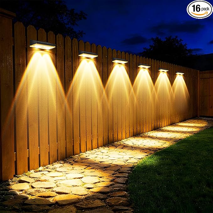Solar Fence Lights Outdoor, 16 Pack Ultra-Bright 85LM Fence Lights Solar Powered, 9 RGB Color Modes, IP65 Waterproof, 12H Dusk to Dawn Glow for Pool/Deck/Patio/Wall/Backyard - Black