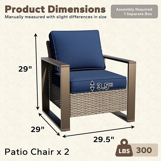 Patio Metal Wicker Chairs Set of 2, All Weather Outdoor Rattan Dining Chairs with Rectangular Framed Wood-Looking Armrest & Fade-Resistant Cushions for Deck Balcony Backyard, Dark Blue