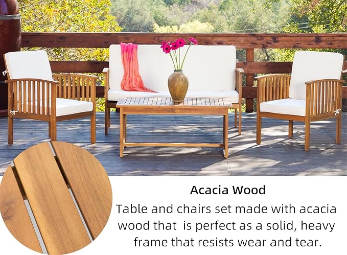 Merax 4 Piece Patio Conversation Table and Chairs Furniture Sets, Acacia Wood Outdoor Dining Couch Sofa for Porch Deck Backyard Lawn Balcony Bistro, Brown