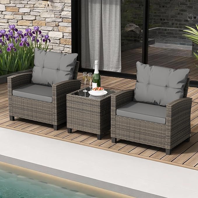 Shintenchi 3 Pieces Patio Furniture Set 3 Pieces PE Rattan Wicker Chairs with Table Outdoor Furniture for Backyard/Garden/Poolside/Outdoor Restaurant Gary Rattan with Gary Cushion