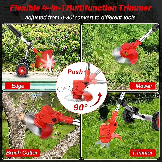 Electric Weed Wacker Cordless Weed Eater Battery Powered 21V, 4-in-1 Brush Cutter/String Trimmer/Grass Trimmer/Lawn Mower, 6 inch Edger Stringless Weed Trimmer with Wheel & Blade, 2 Battery(Red)