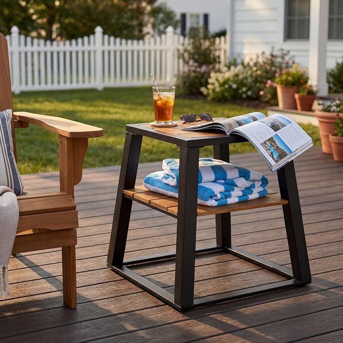 Christopher Knight Home Tova 2-Tier Acacia Wood Outdoor Side Table, Decorative Square Small Accent Table with Slatted Design, Weather Resistant Patio End Table with Iron Frame for Balcony, Teak+Black