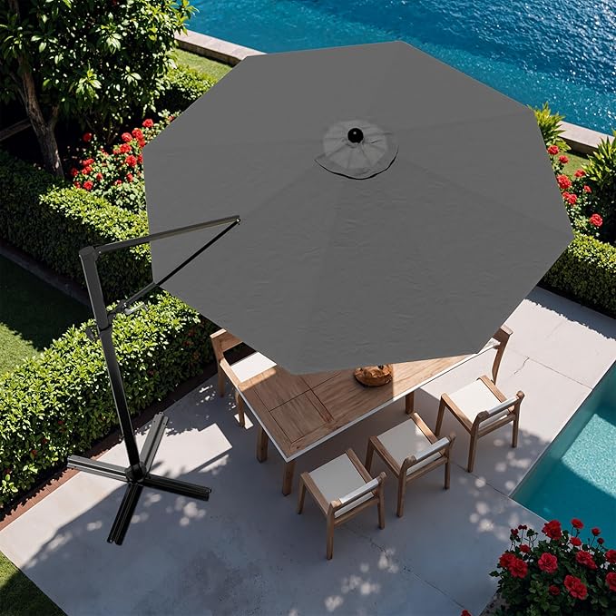 Devoko 10ft Cantilever Patio Umbrella, Round Large Outdoor Umbrella with 360-Degree Rotation, Hanging Offset Market Sun Umbrella, Easy Tilt and Heavy-Duty Frame, for Patio Backyard Garden, Gray