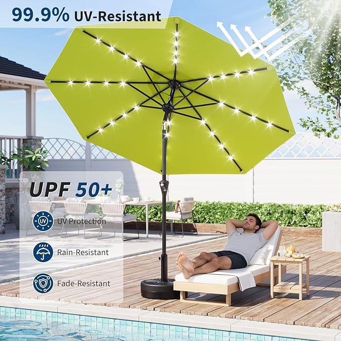 Garvee 10FT Solar Patio Umbrella with 32 LED Lights - Outdoor Table Umbrella with Crank Lift, Push Button Tilt and 8 Sturdy Ribs - Market Umbrella UV Protection for Pool, Deck, Yard, Garden