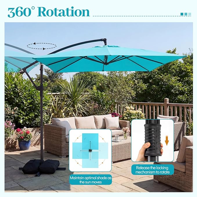 Tangkula 8x8 FT Patio Umbrella with Base Included, Square Offset Cantilever Outdoor Umbrella with 360 Degree Rotation, Crank Handle, Sandbags, 8 Ribs for Pool Deck Garden Backyard