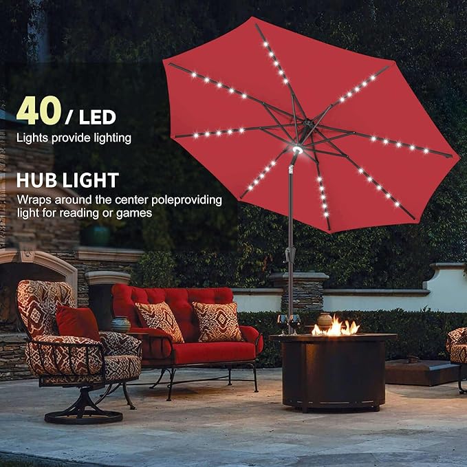 11FT Solar Umbrella Outdoor - Lighted Solar Patio Umbrella with 40 LED Lights Waterproof UV Protection, Table Umbrella with Tilt for Pool, Porch, Garden, Deck, Backyard - Red