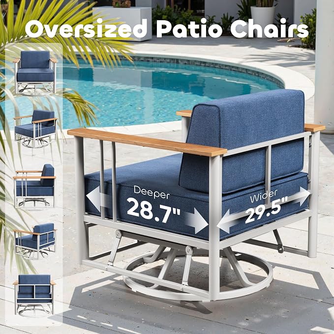Luxury Outdoor Furniture Set with Swivel Chairs, 7 PCS Patio Furniture Set with 6" Extra Thick Cushions, Suitable for Porch, Balcony, Deck, Patio, Yard, Poolside, White/Blue