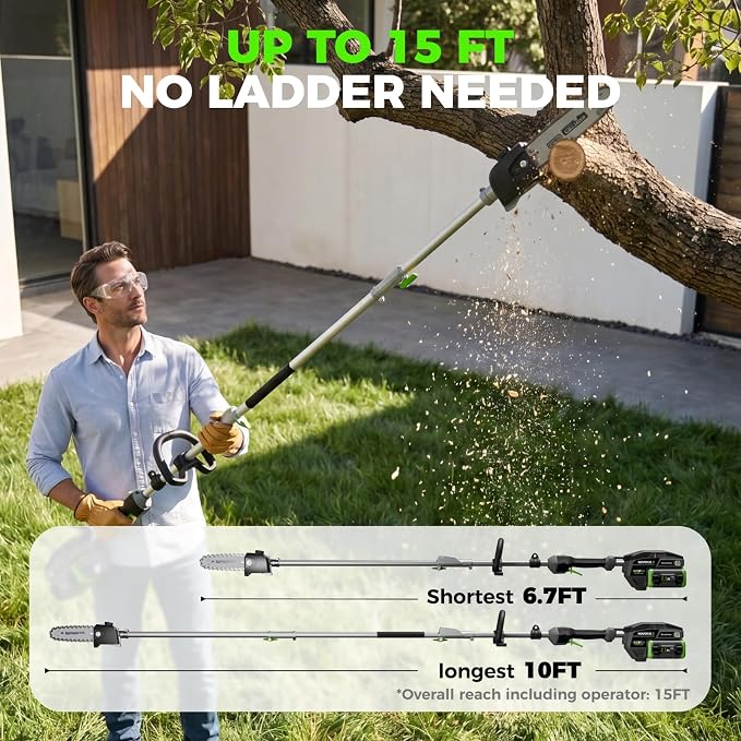 15-FT Cordless Pole Saw 60V Electric Power PoleSaw for Tree Trimming With Pole 10" Cutting Power Max Reach 2.5AH Battery