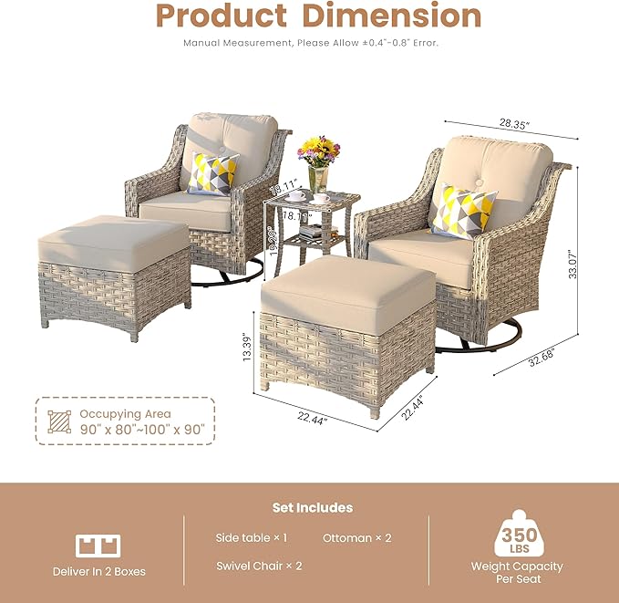 HOOOWOOO Patio Furniture Set,5 Pieces Wicker Outdoor Furniture,High Back Conversation Set with All Weather Resistant Swivel Chairs with Ottoman Side Table,Beige Tan