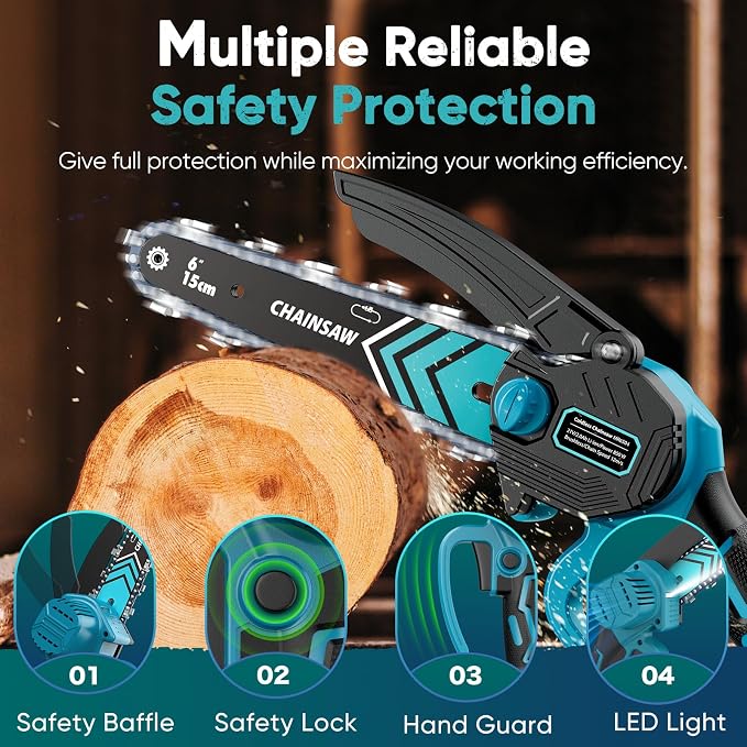 Mini Chainsaw- 6 Inch Electric Mini Chain Saw Cordless Battery Powered One-Hand Tree Trimming Saw, Portable Gardening Gadgets for Men, Unique Birthday Gifts (Blue)
