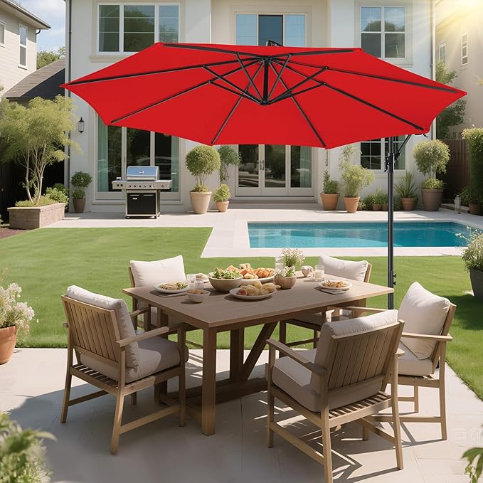 Offset Patio Umbrella Cantilever - 10 FT Cantilever Umbrella Outdoor with Crank and Cross Base, UV Protection Large Patio Umbrella for Garden, Deck, Backyard, Pool, Porch (Red)