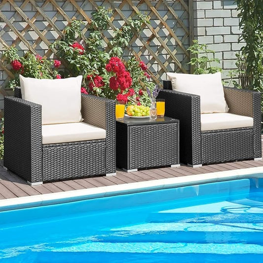 HAPPYGRILL 3 Pieces Rattan Patio Furniture Set, PE Wicker Patio Conversation Set with Coffee Table and Cushions, Outdoor Sofa Set for Garden Balcony Porch Poolside