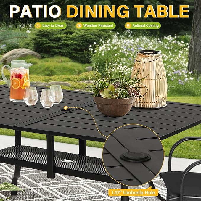 Betterland Patio Rectangular Dining Table 60" x 37" Outdoor Metal Steel Frame & Slat Tabletop with 1.57" Umbrella Hole for 6-8 Person, Classic Black