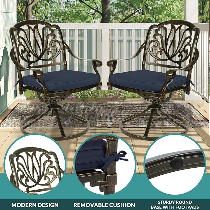 MEETWARM 9-Piece Outdoor Patio Dining Set for 8, All Weather Cast Aluminum Patio Funiture Table and Chairs Set- 94.5” Rectangular Table and 8 Cushioned Swivel Rocker Chairs, Umbrella Hole, Navy Blue